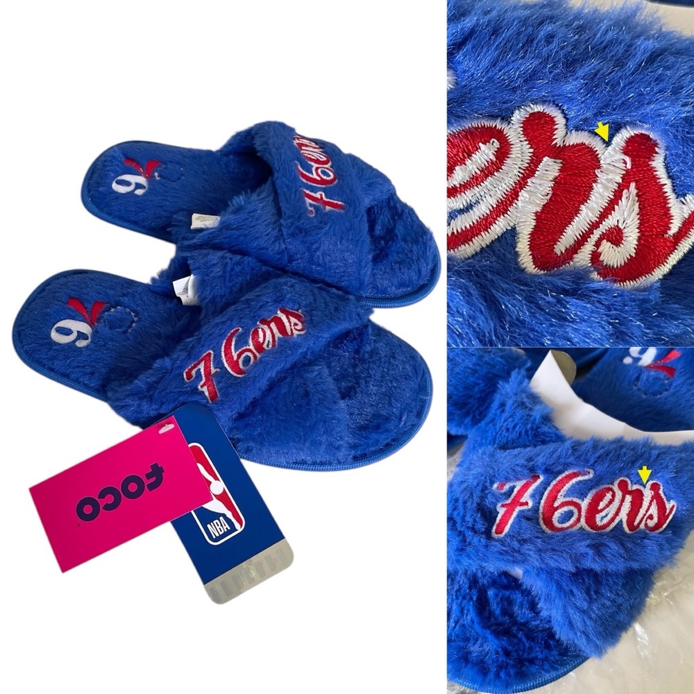 NBA Philadelphia 76ers FOCO Blue Criss Cross Fuzzy Slippers Women’s Sm (5-6)